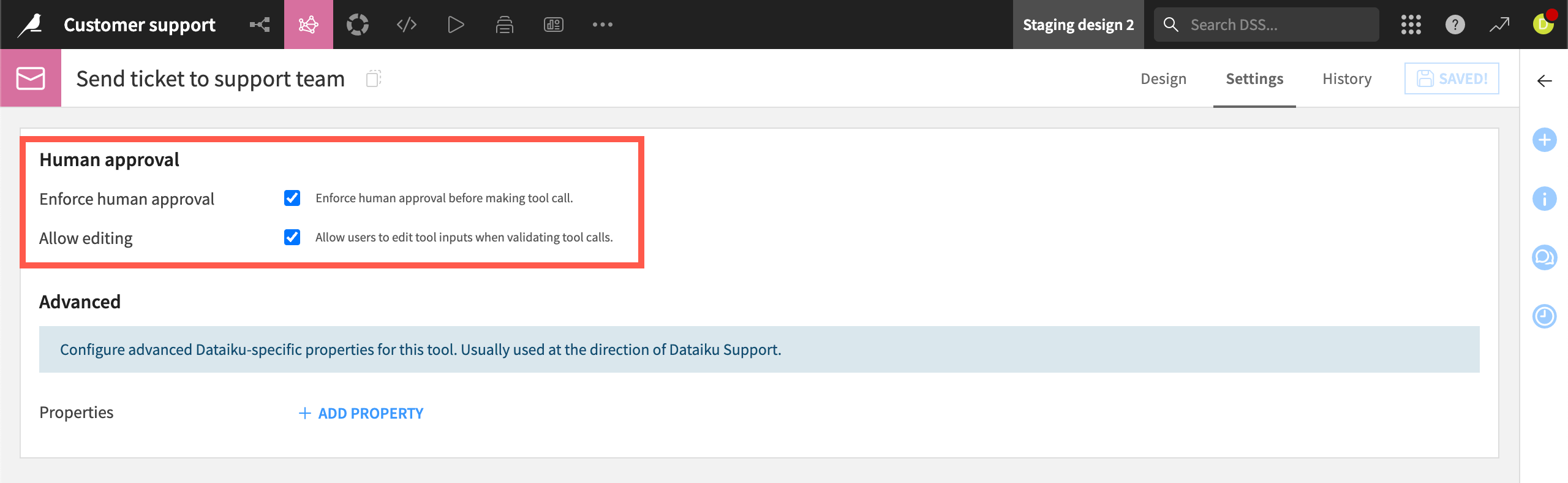 Dataiku screenshot of how to enable human approval for tools