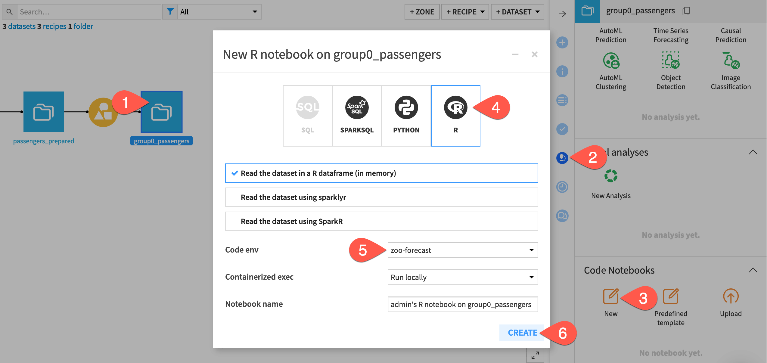 Dataiku screenshot of the dialog for creating an R notebook.