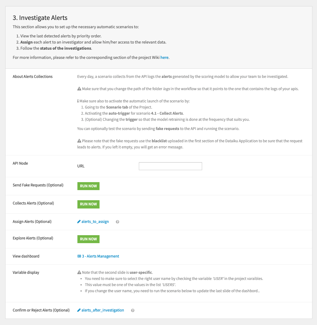 Dataiku screenshot of the section in the Dataiku application used to set-up fraud alerts reporting.