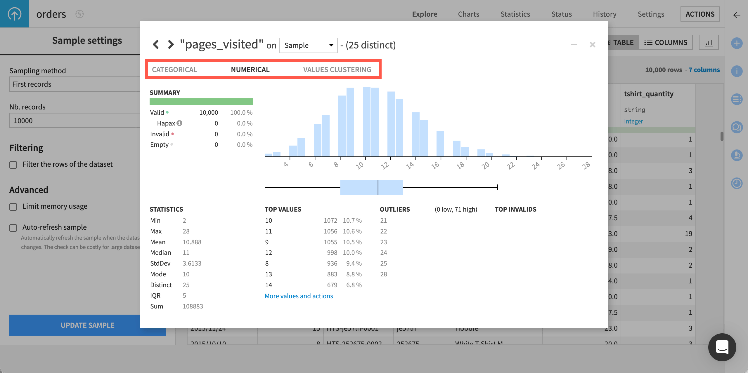 Dataiku screenshot of the tabs in the Analysis window.