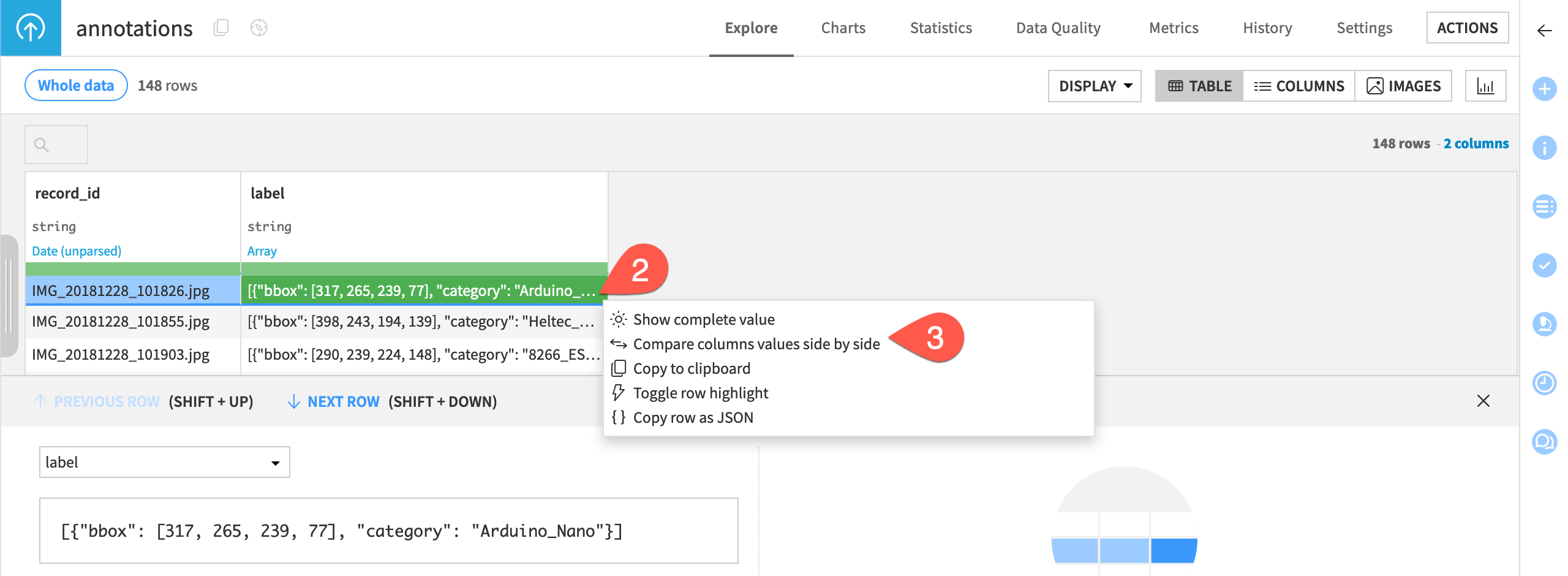 Screenshot showing the annotations dataset with two columns.