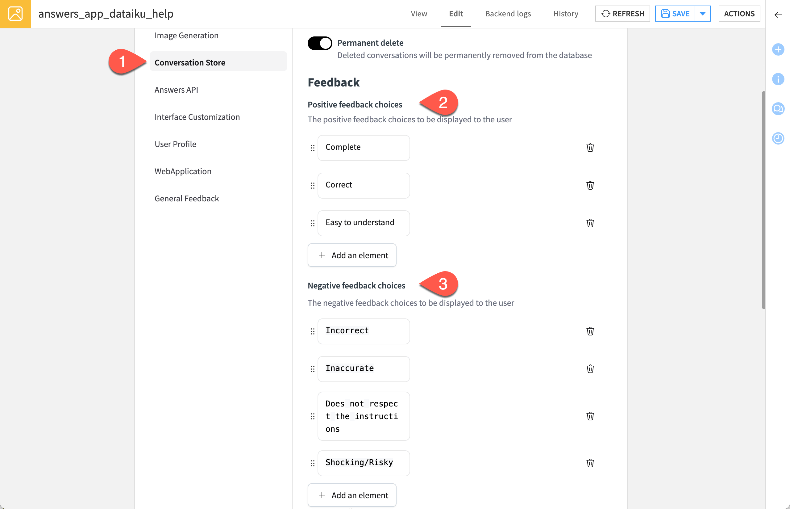 Dataiku screenshot of the conversations store configuration settings of an Answers webapp.