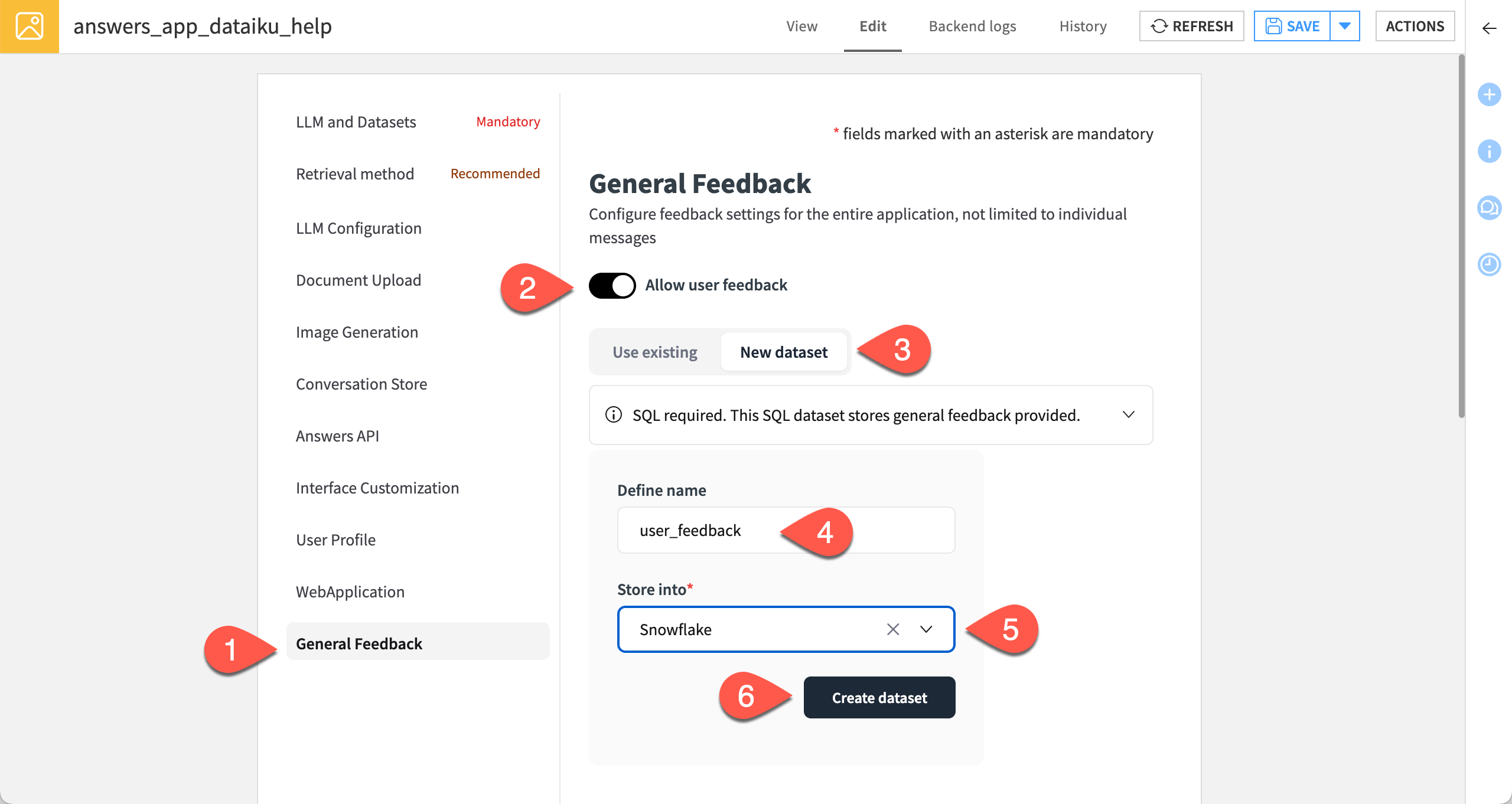 Dataiku screenshot of the general feedback configuration settings of an Answers webapp.