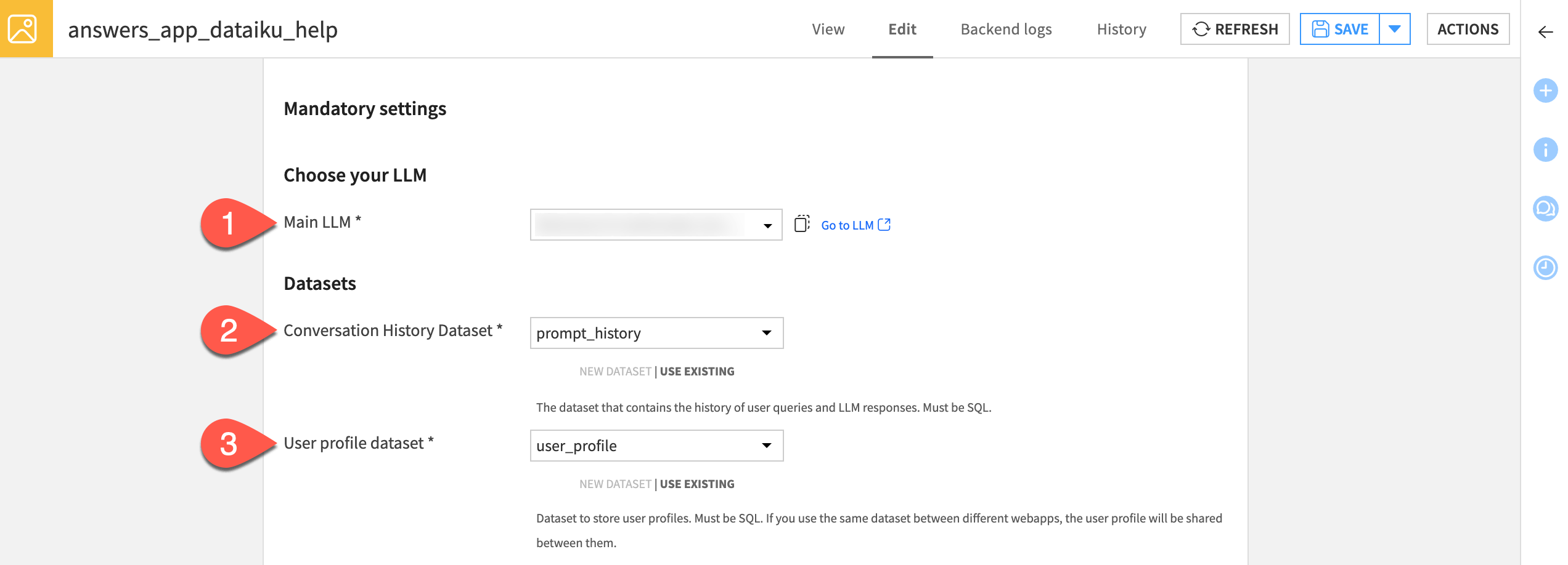 Dataiku screenshot of mandatory settings of an Answers webapp.