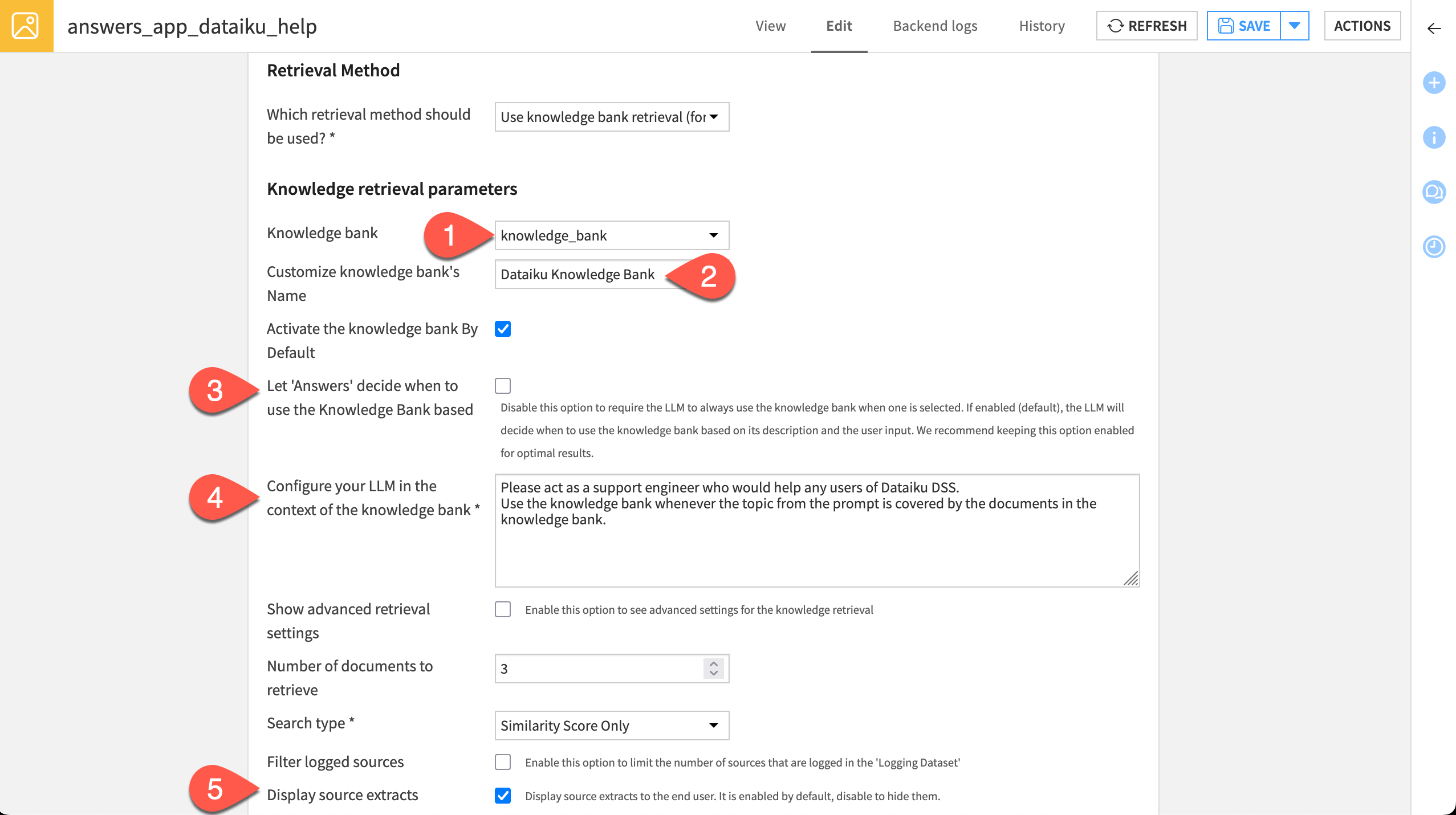 Dataiku screenshot of the knowledge retrieval parameters section of an Answers webapp.