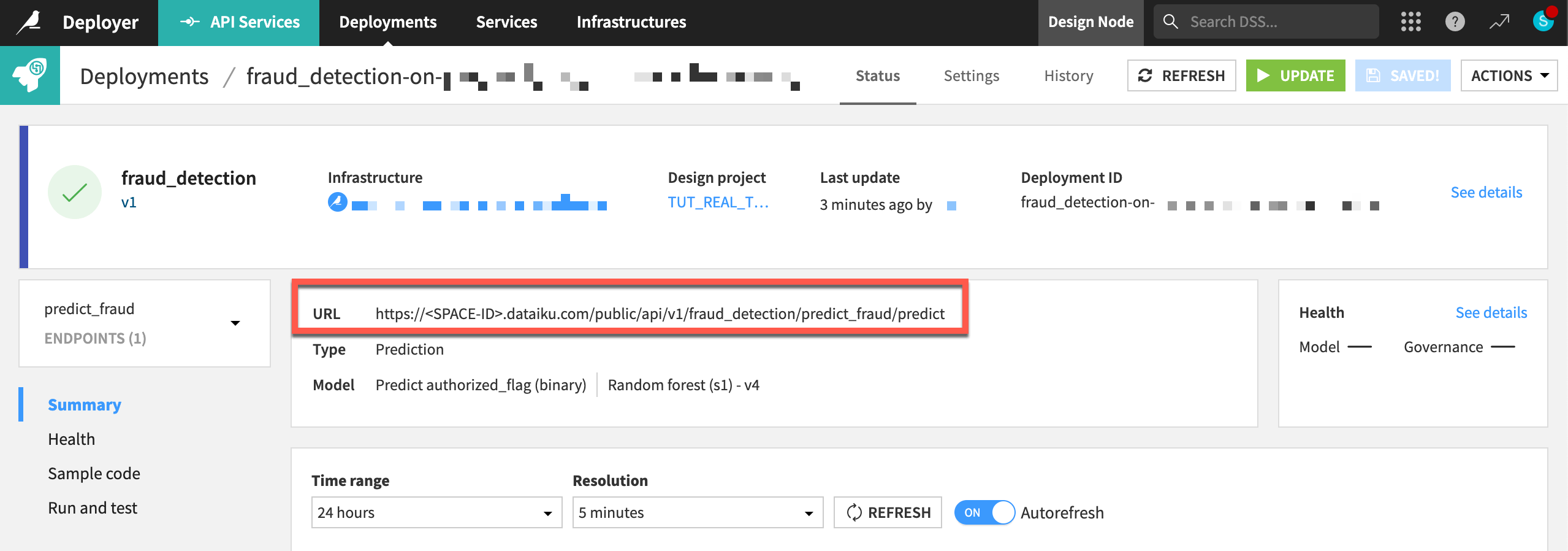 Dataiku screenshot of an API endpoint available to serve real-time API calls.