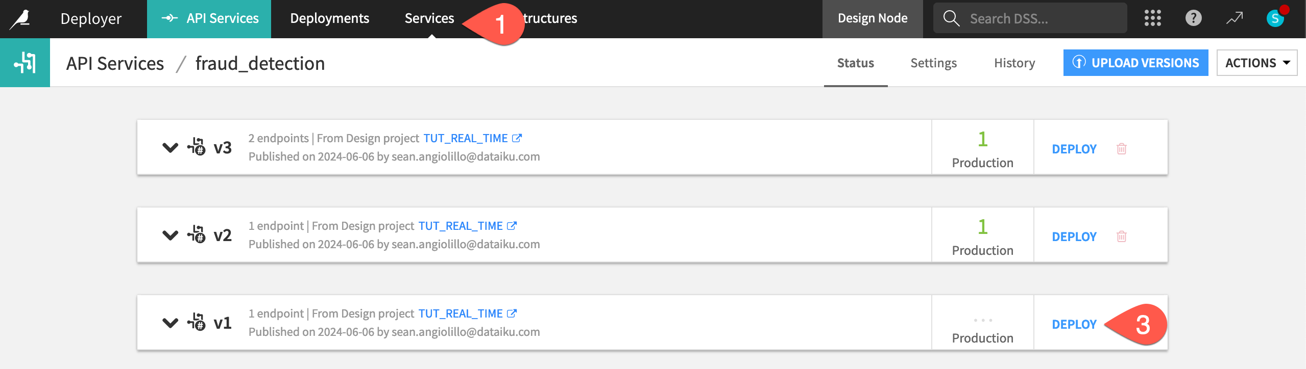 Dataiku screenshot of the version history of an API service.