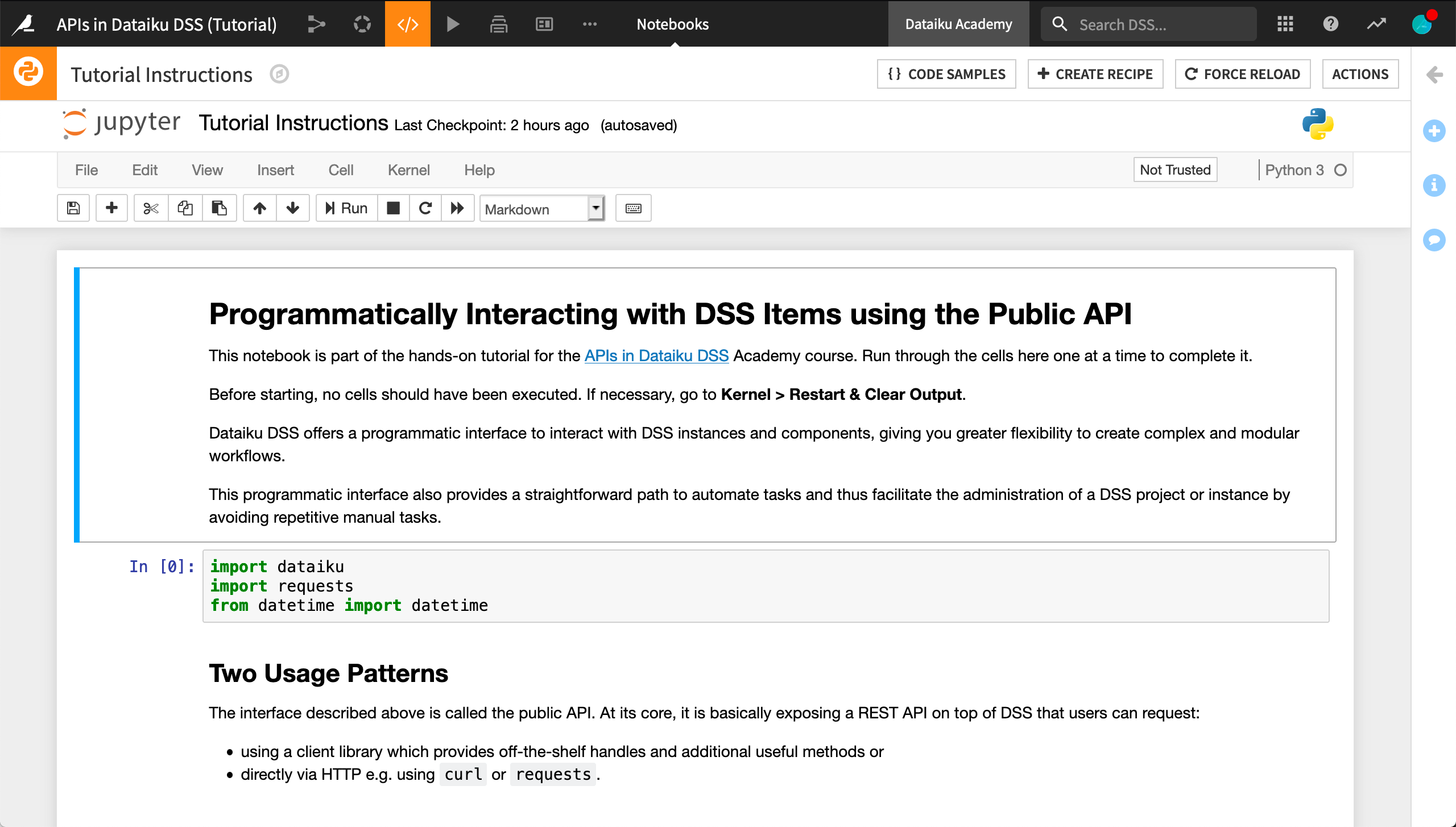 Dataiku screenshot of the Jupyter notebook required for this tutorial.