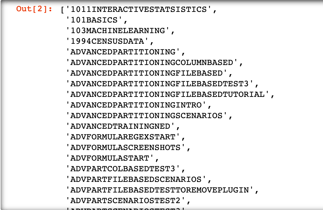 Jupyter notebook output showing the output from the code above listing project keys.