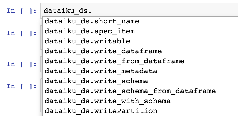 Jupyter notebook output showing methods available to a core Dataiku dataset object.