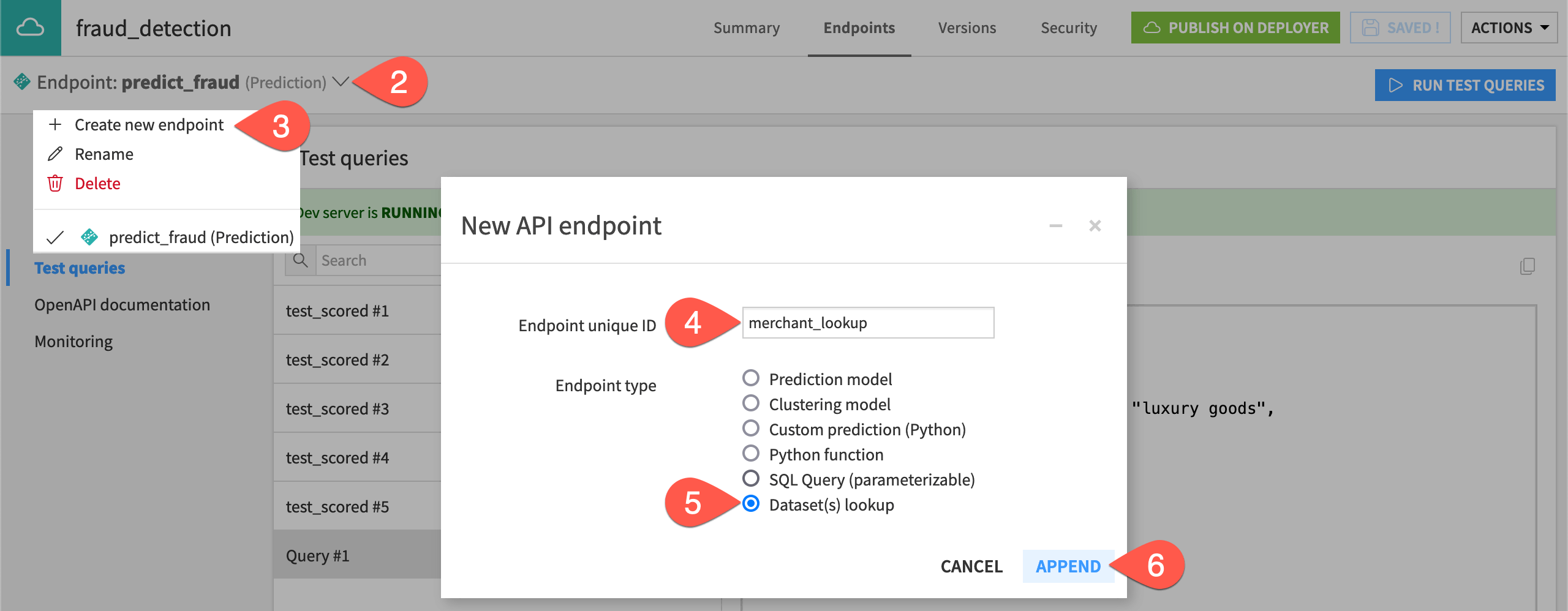 Dataiku screenshot of a dialog for appending a dataset lookup endpoint to an API service.