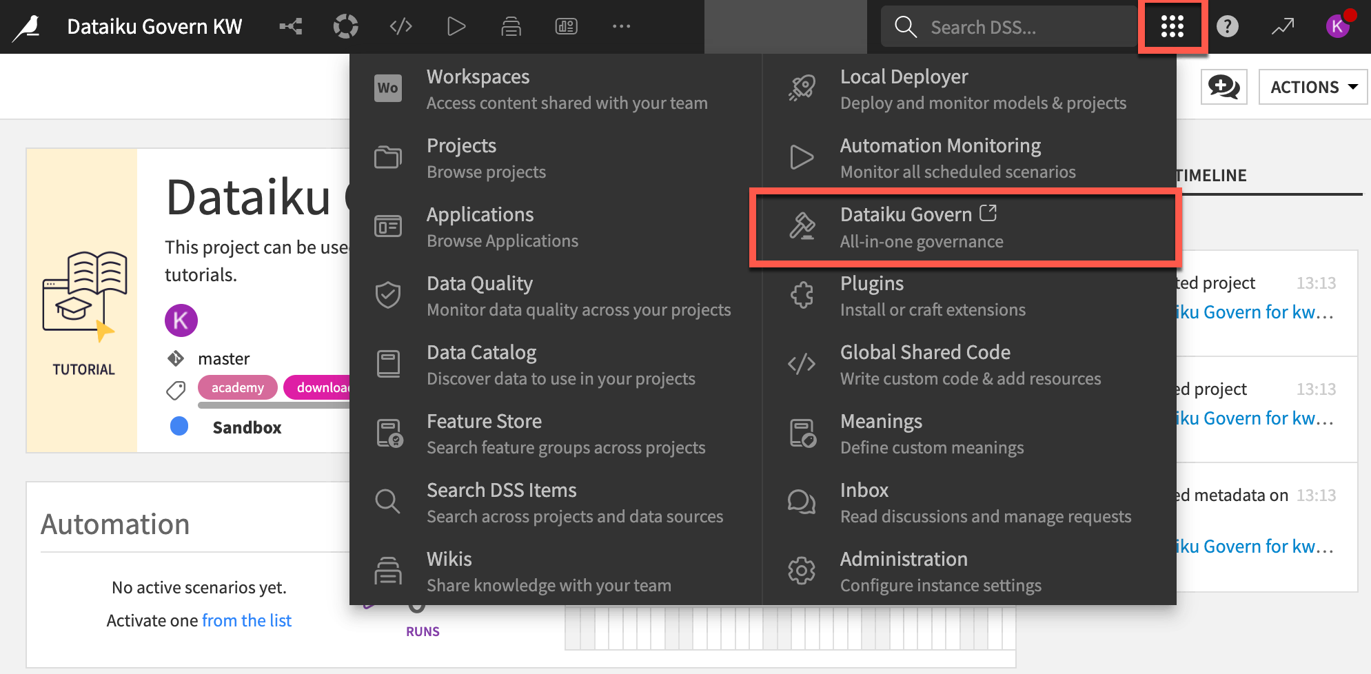 Dataiku screenshot of the Dataiku Govern option in the Applications menu.