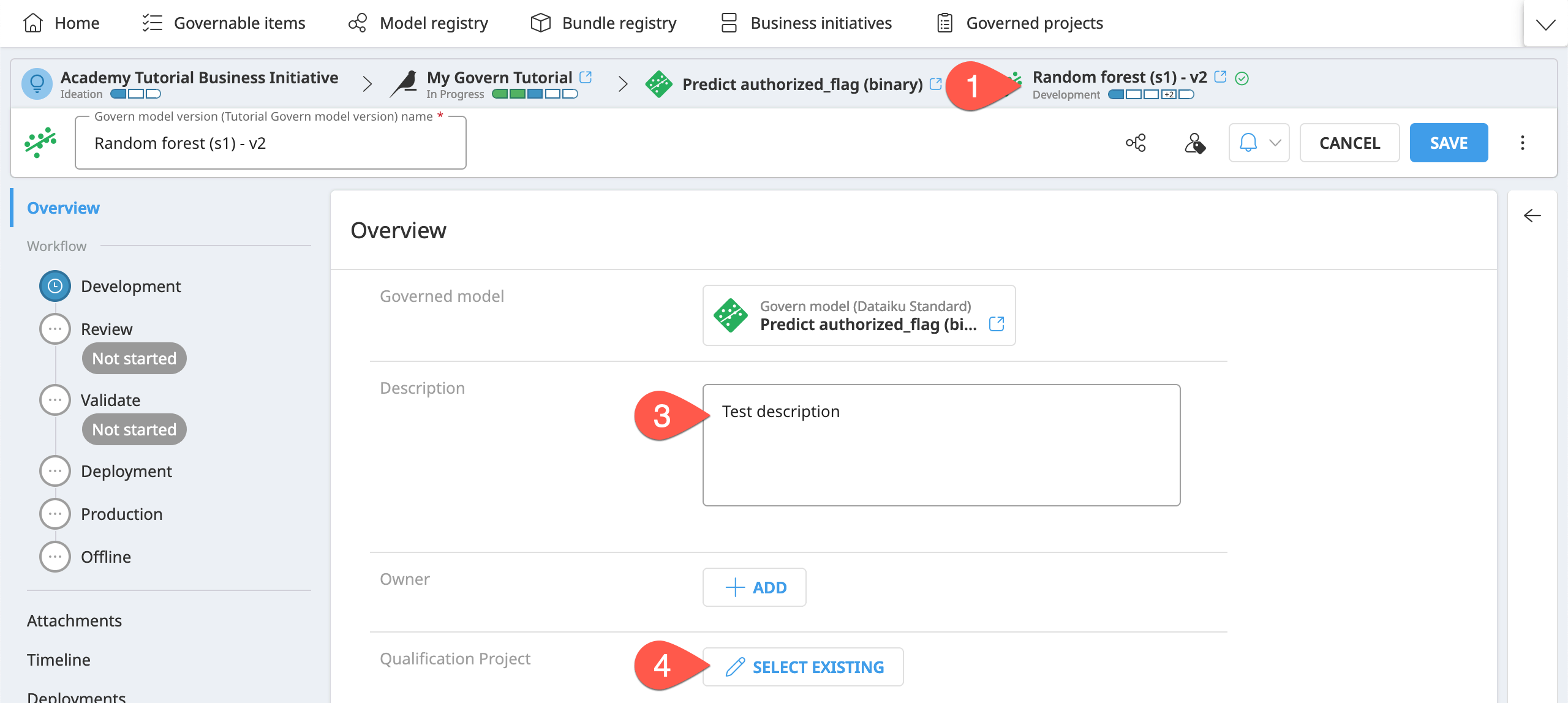 A Govern model version using the updated tutorial blueprint version.