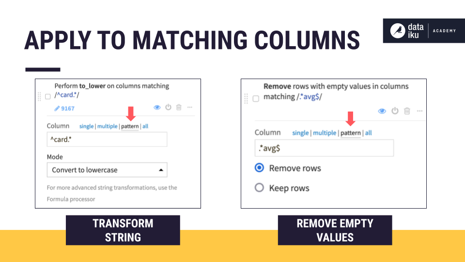 Slide depicting Prepare recipe processors that can be applied to columns based on a regular expression pattern.