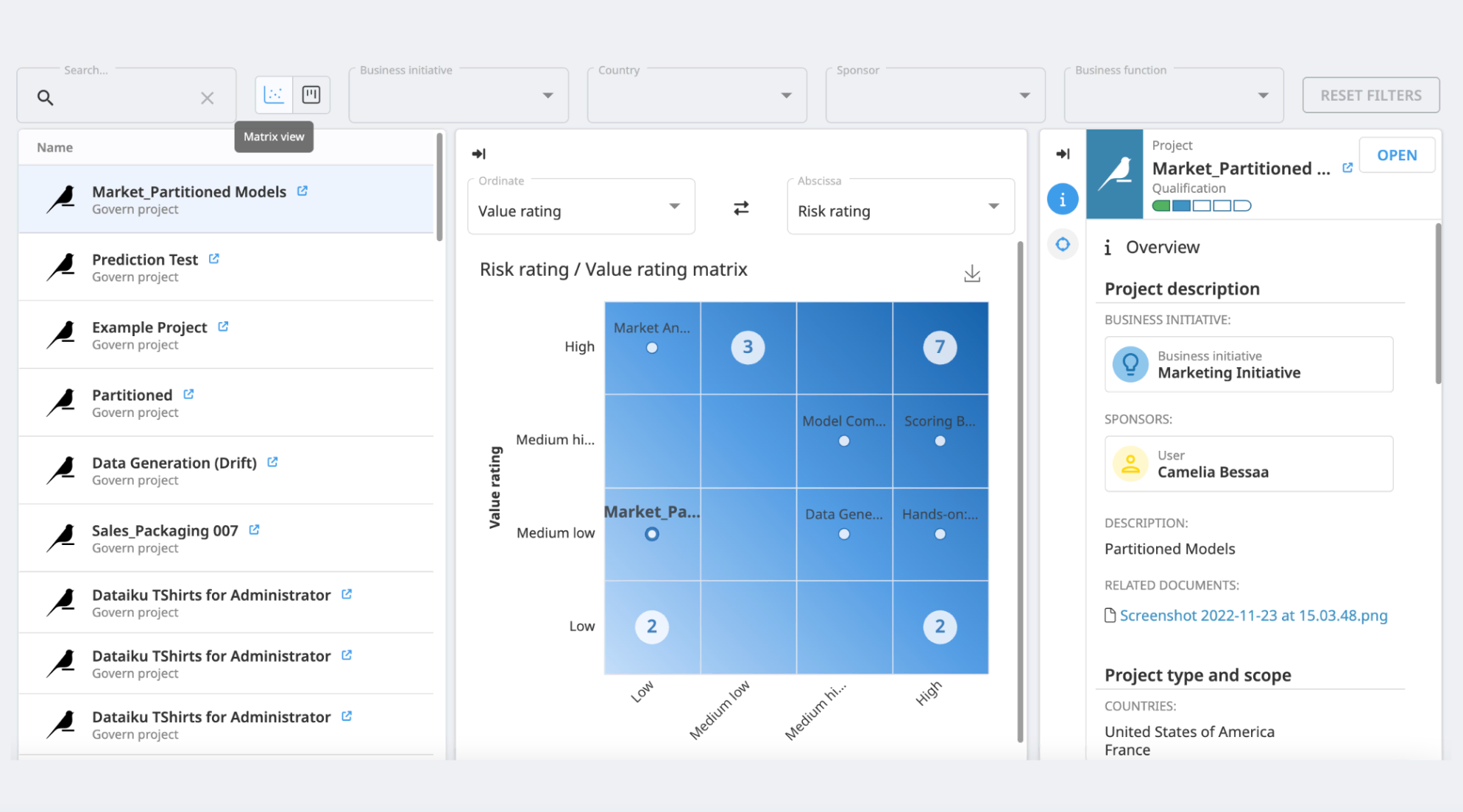 Dataiku Govern screenshot highlighting the artifact matrix on the governed projects page.