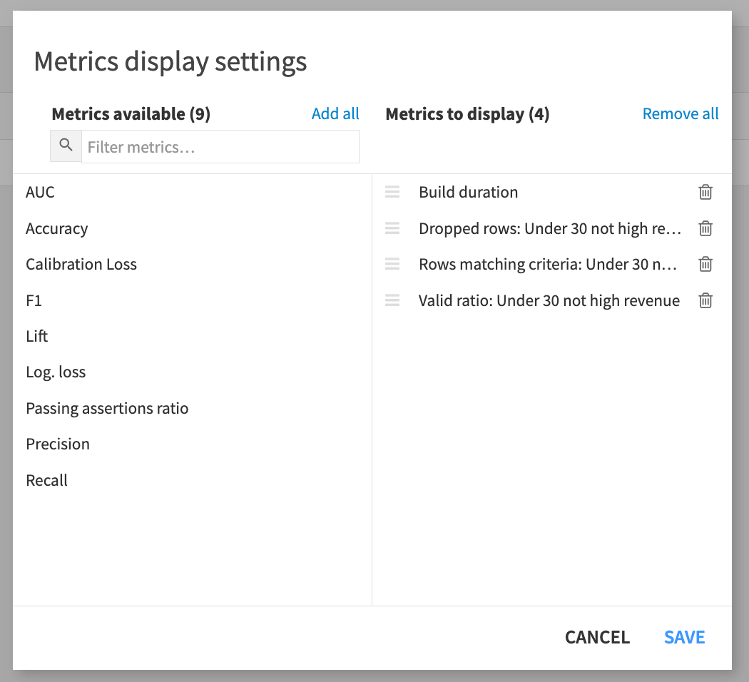 Model metrics display settings