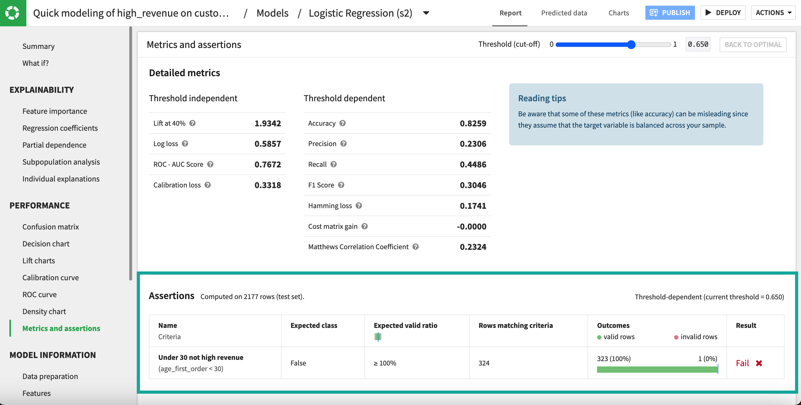 Metrics and assertions section of model results.