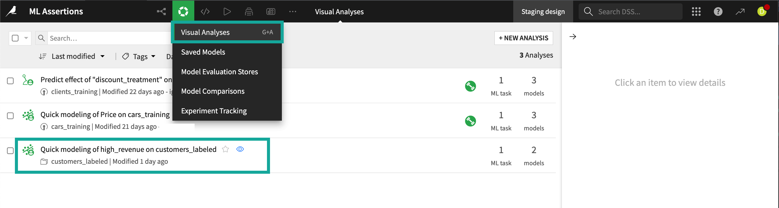 Access the model under Visual Analyses.