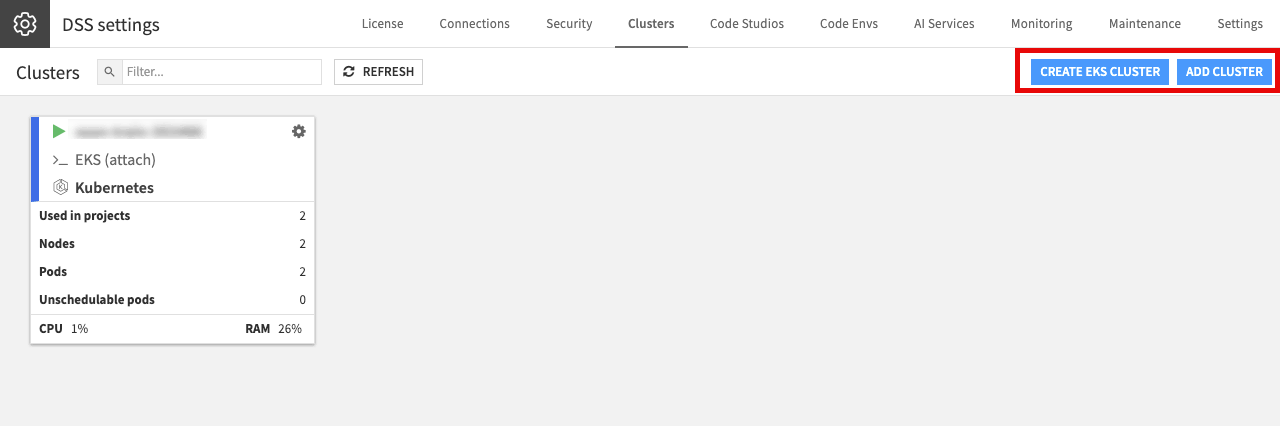 Screenshot of Dataiku ui showing where you attach clusters.