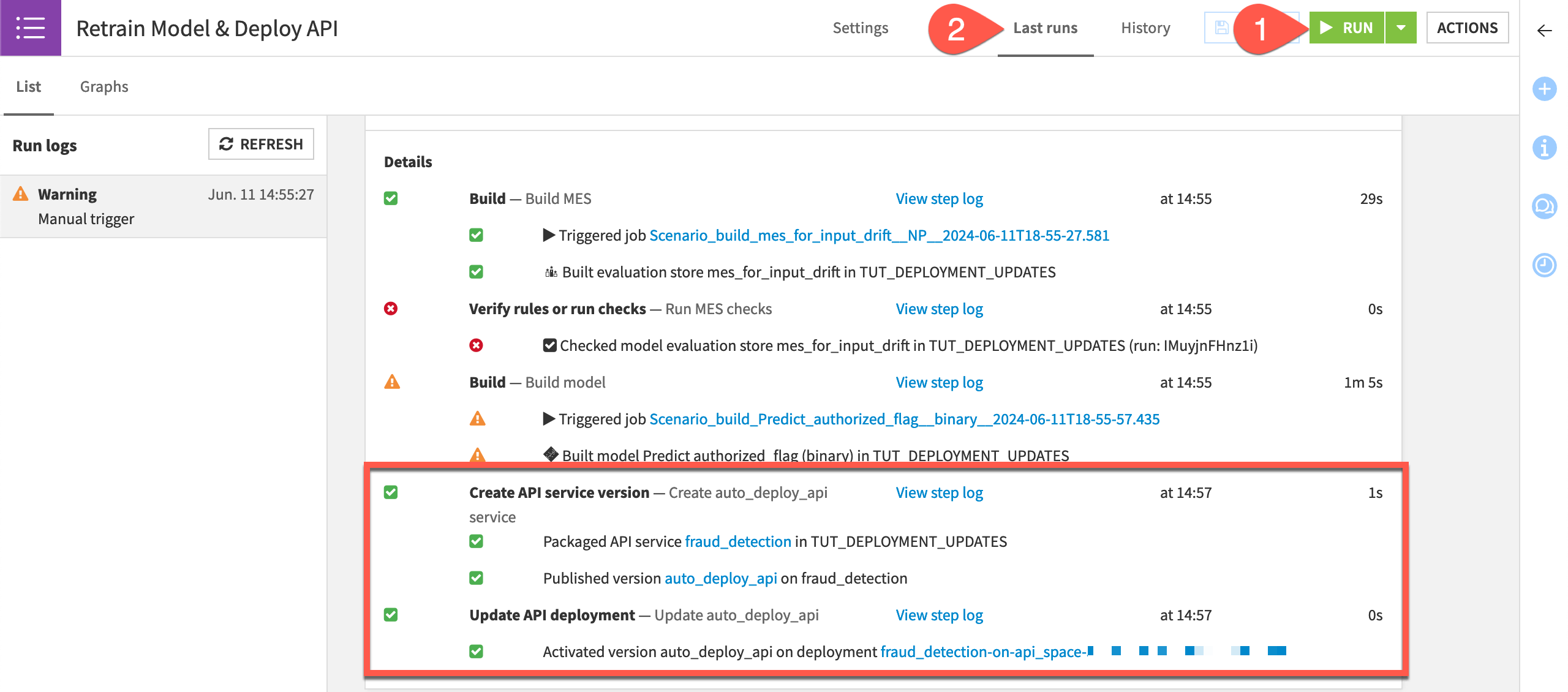 Dataiku screenshot of the last run tab having automatically deployed a new API version.