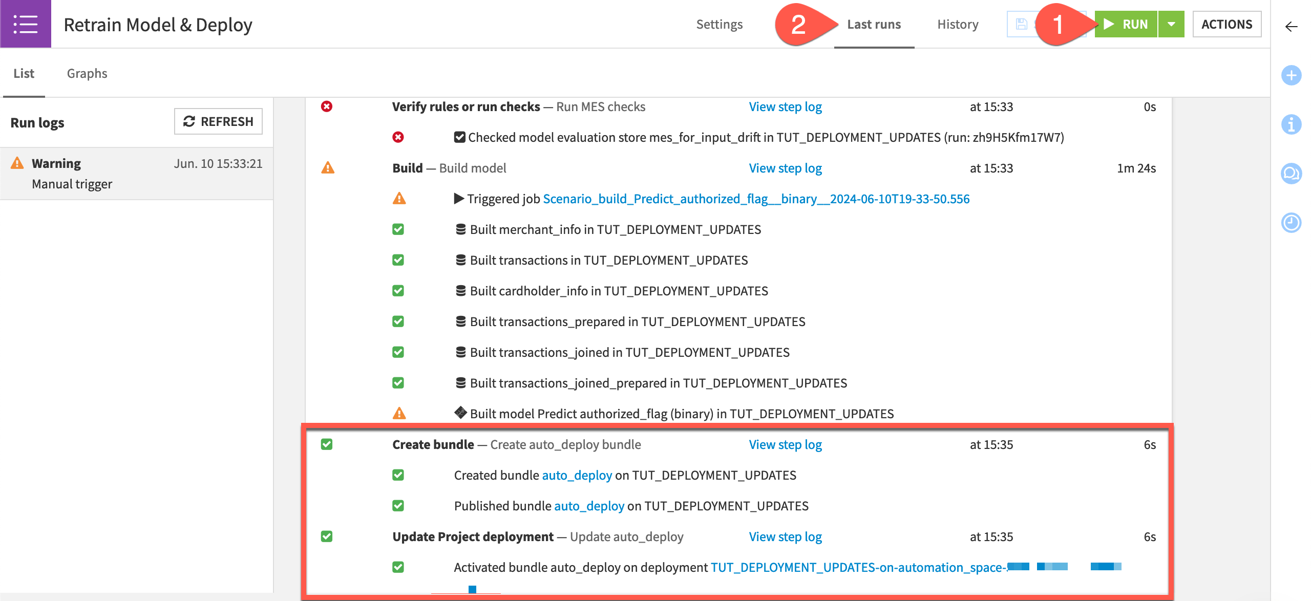 Dataiku screenshot of the last run tab having automatically deployed a new bundle.