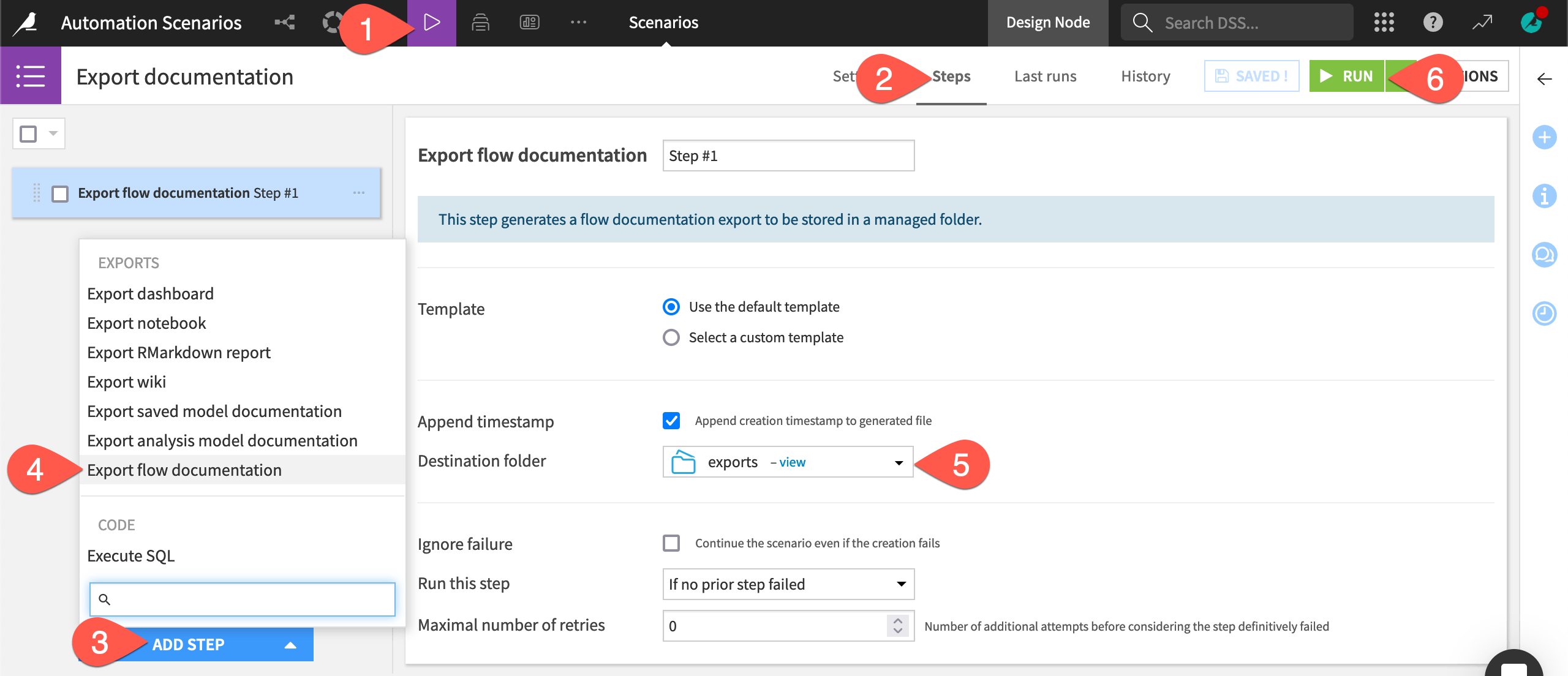 Dataiku screenshot of an export flow documentation step in a scenario.