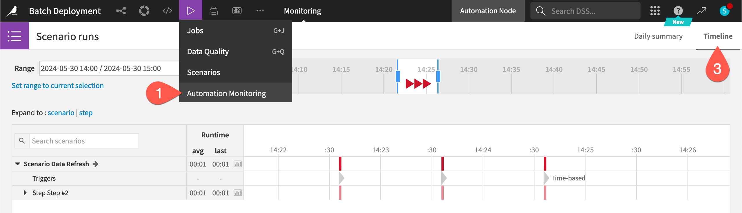 Dataiku screenshot of the Automation monitoring page.