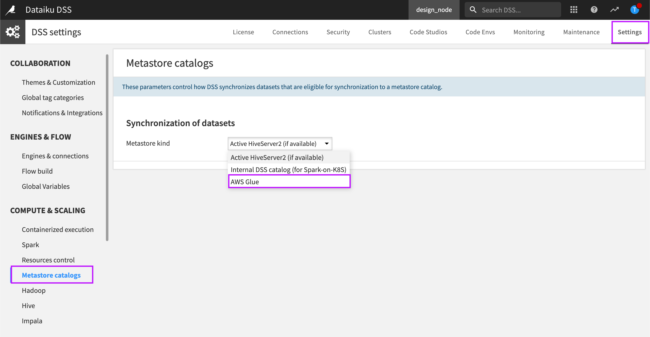 Metastore catalogs page in the Compute and Scaling section of the Settings tab within DSS settings.