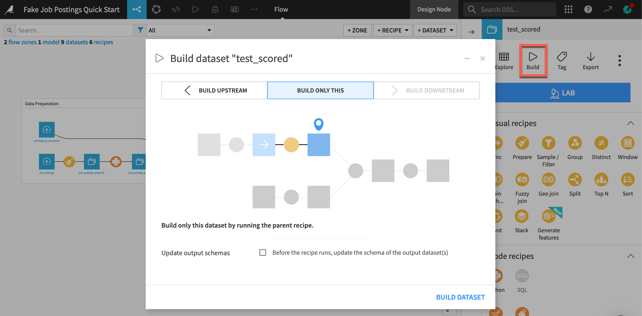 Dataiku screenshot of the build mode dialog.