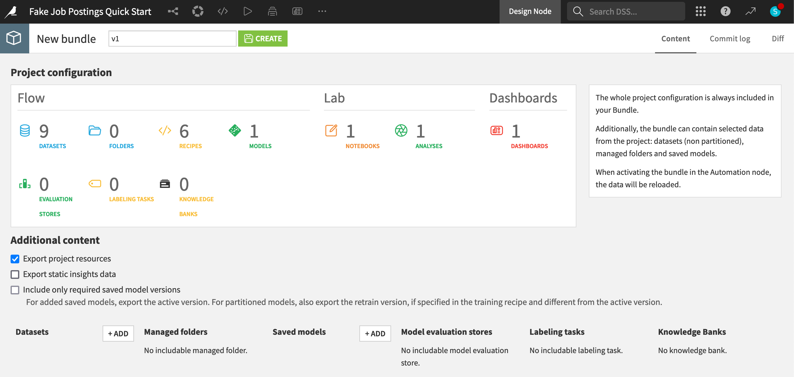 Dataiku screenshot of a project bundle.