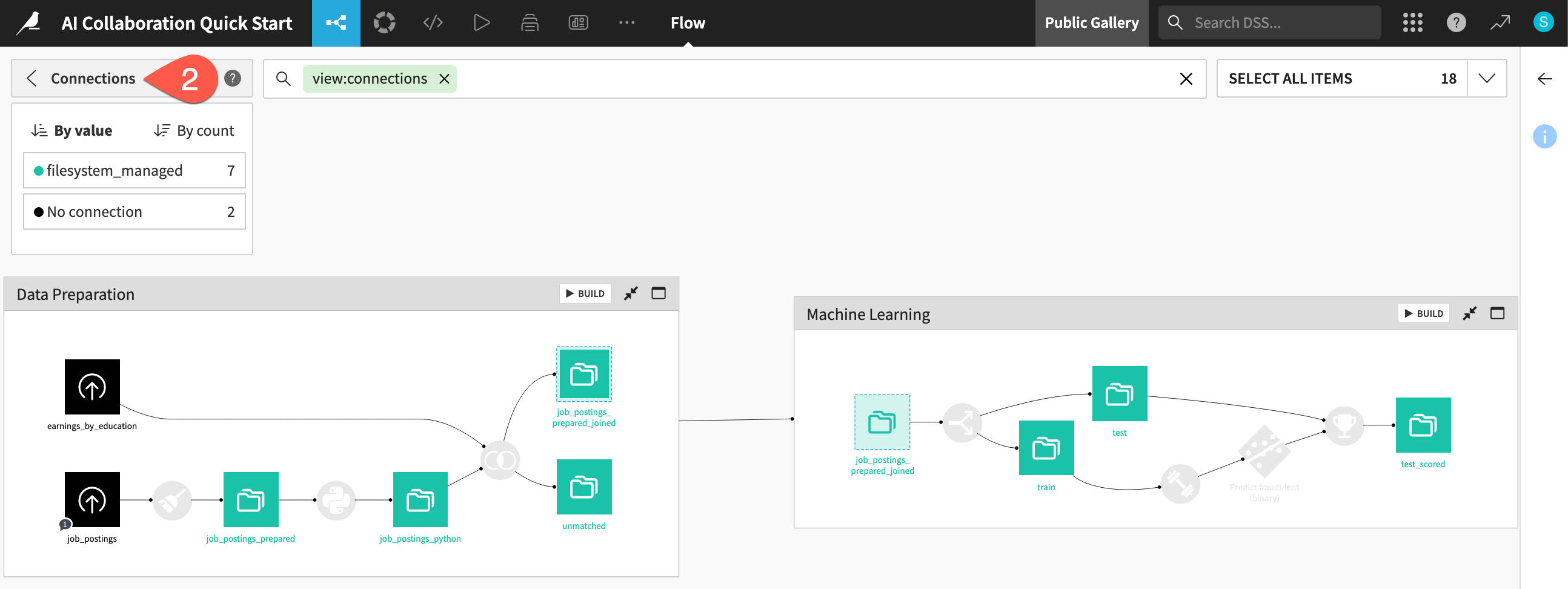 Dataiku screenshot of the Connections Flow view.