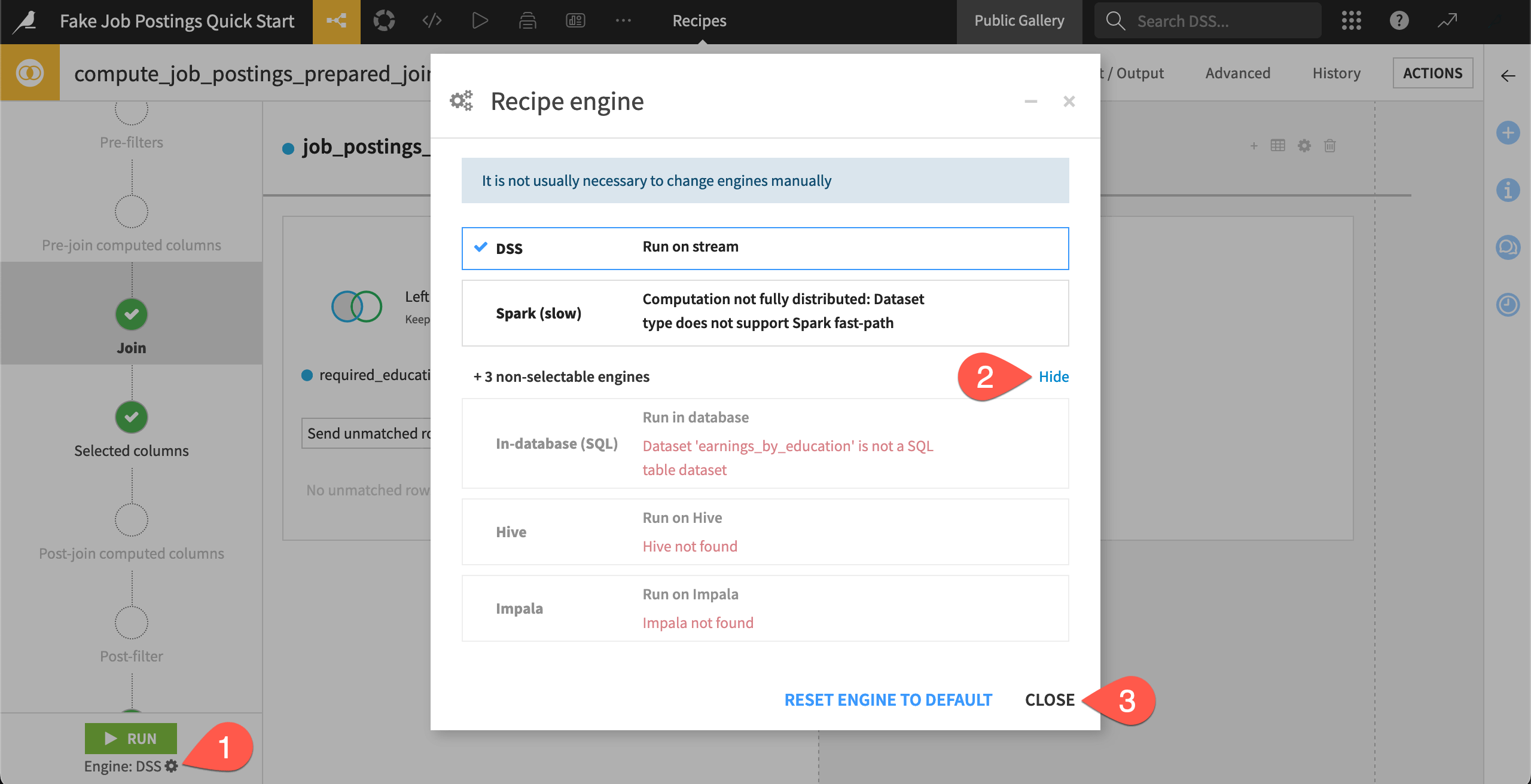 Dataiku screenshot of the recipe engine dialog.