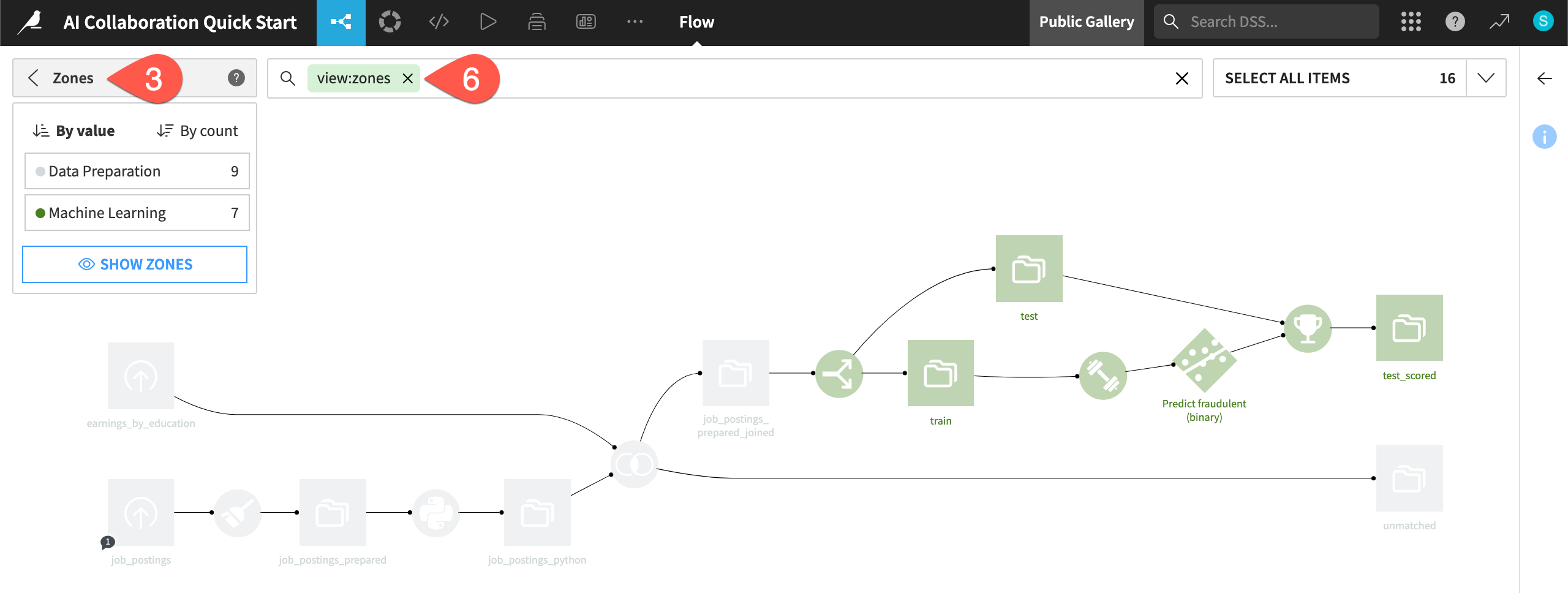 Dataiku screenshot of the Flow zones view.