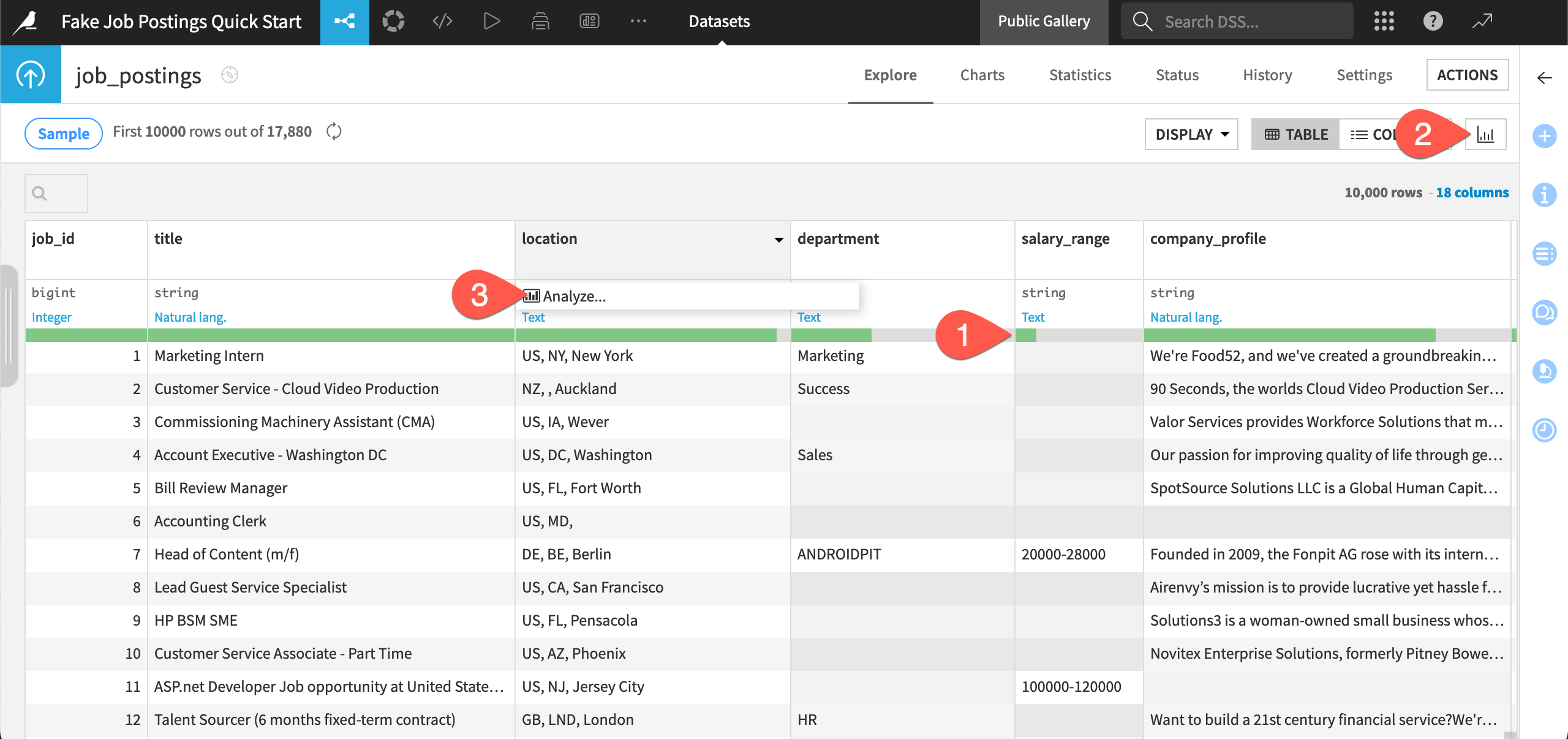 Dataiku screenshot of the Explore tab of a dataset.