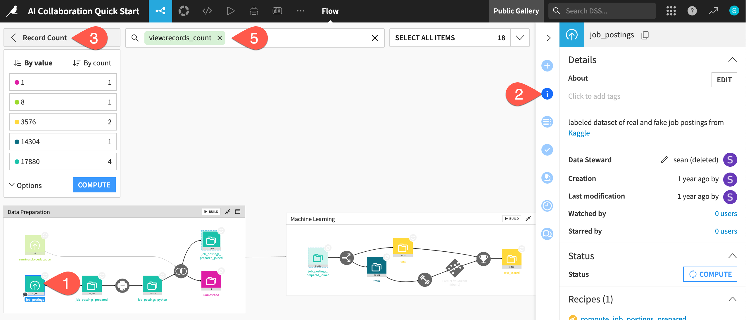 Dataiku screenshot of the records count Flow view.