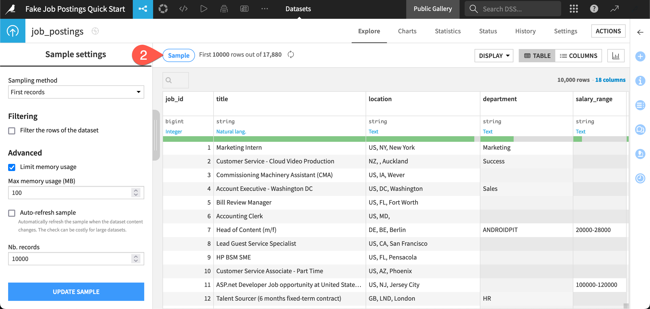 Dataiku screenshot of the sampling settings of a dataset.