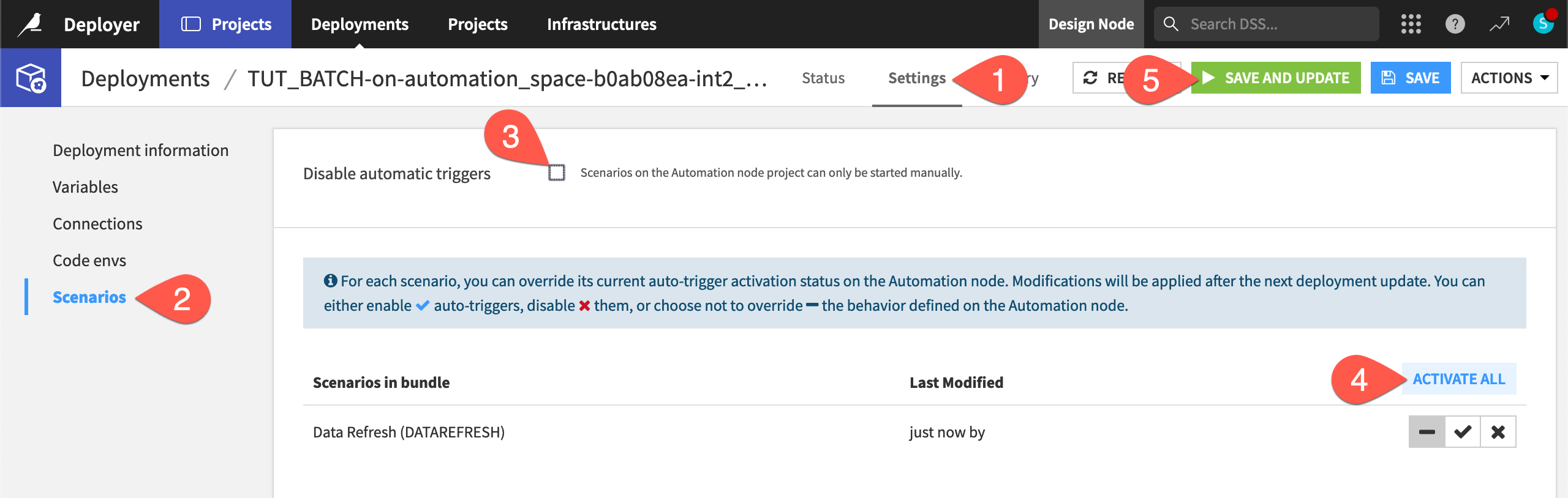 Dataiku screenshot of the scenarios panel of a deployment.