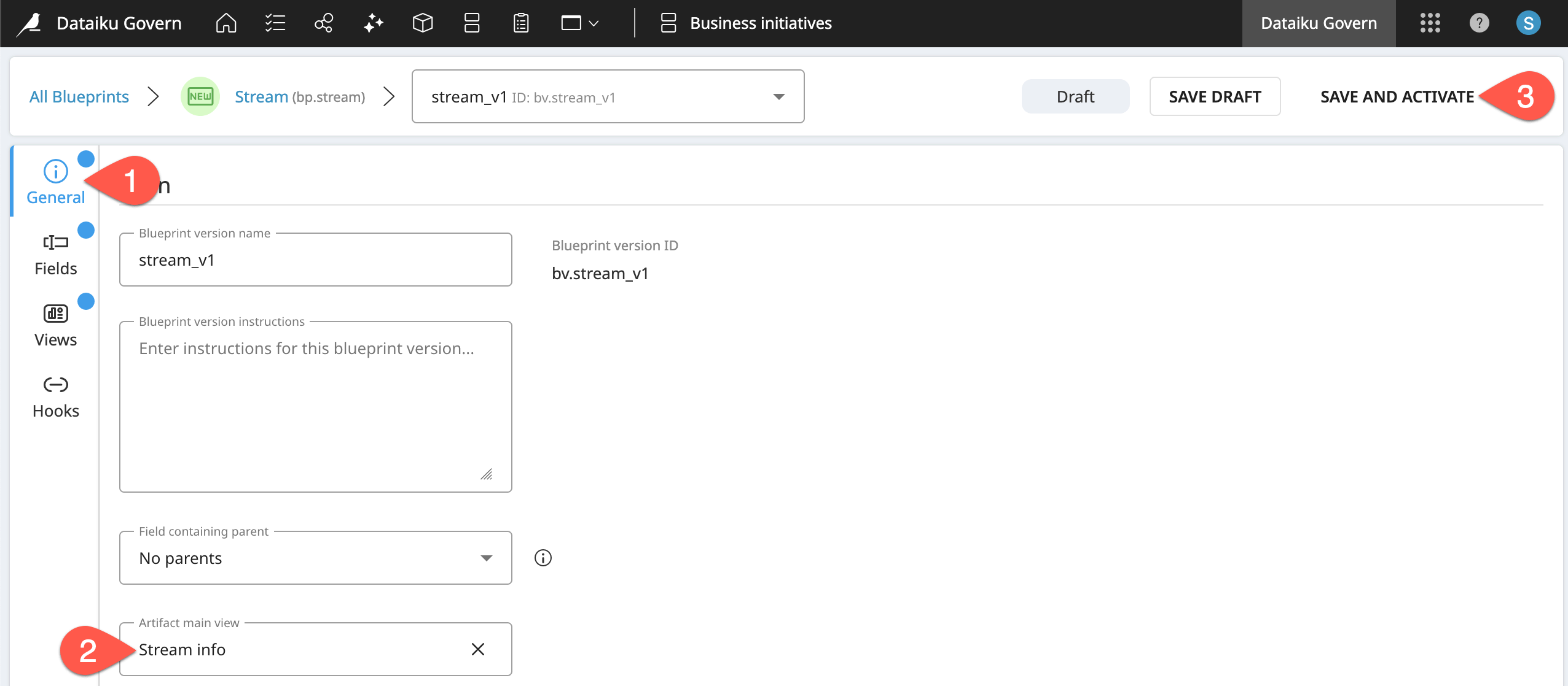Dataiku screenshot of the general panel of a custom blueprint.