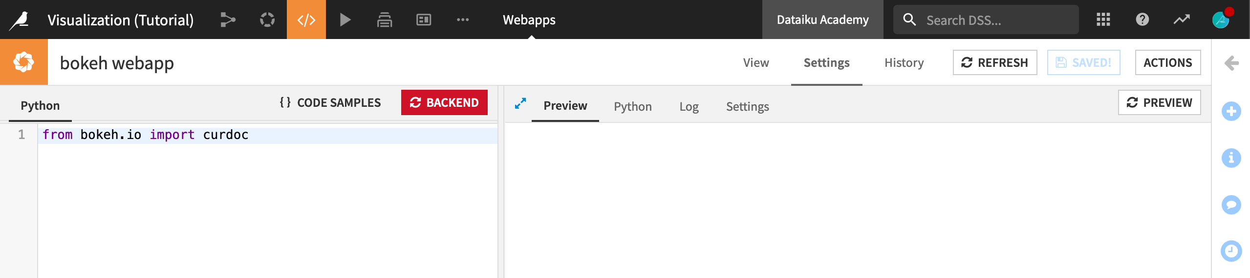 Dataiku screenshot of an empty bokeh webapp.