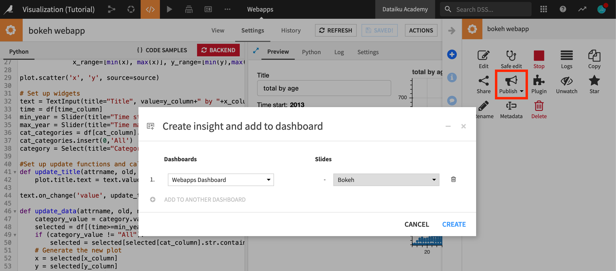Dataiku screenshot of the dialog for publishing a webapp to a dashboard.