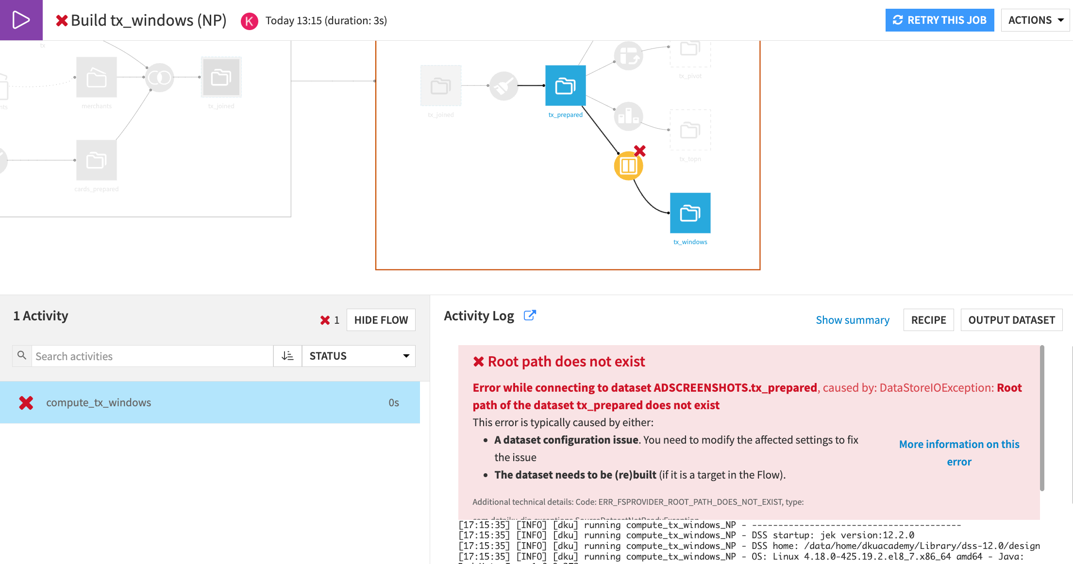 A screenshot of the failed "compute_tx_windows" job in the job log.