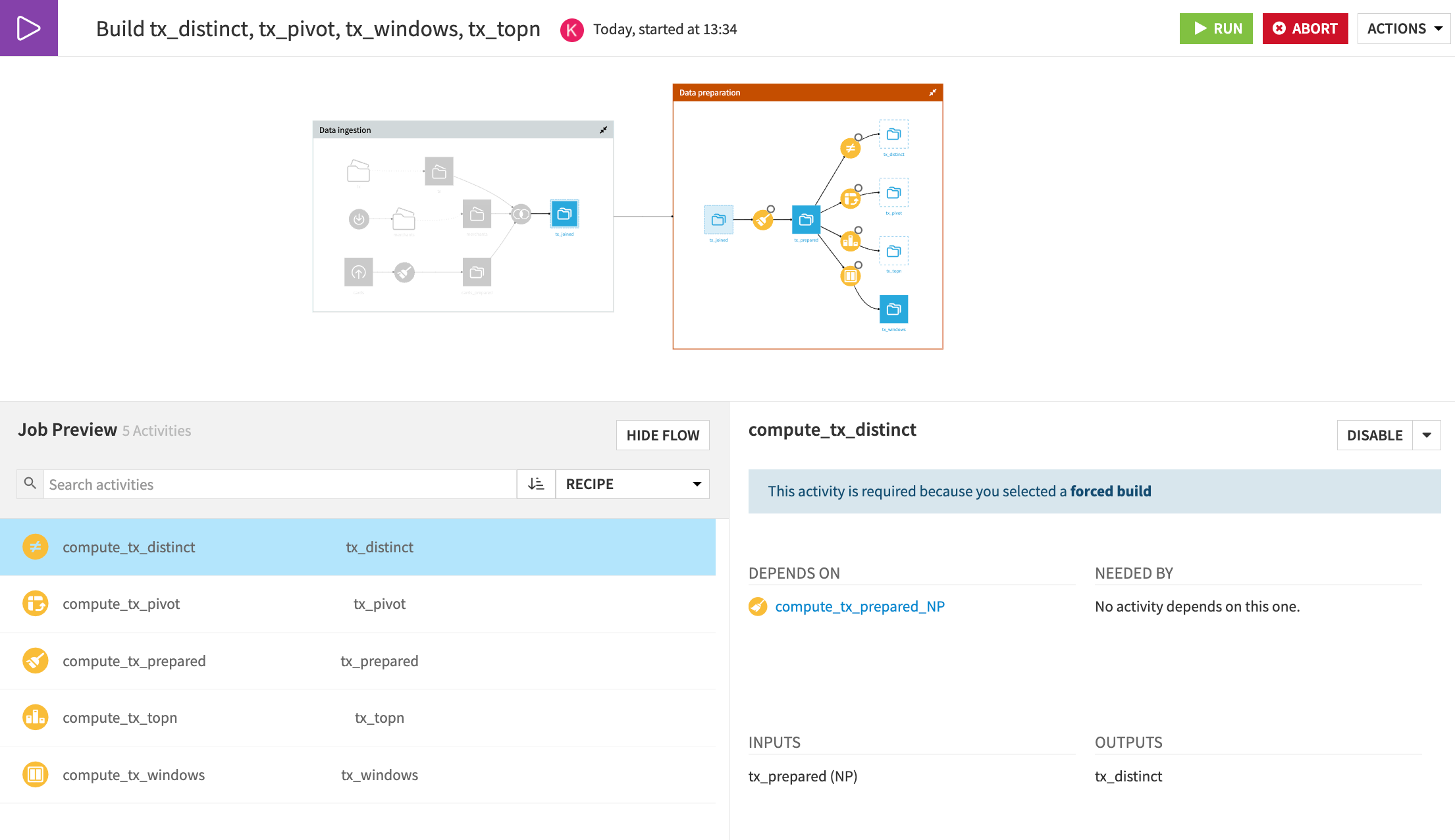 A Dataiku screenshot of the Preview of the build Flow zones job.