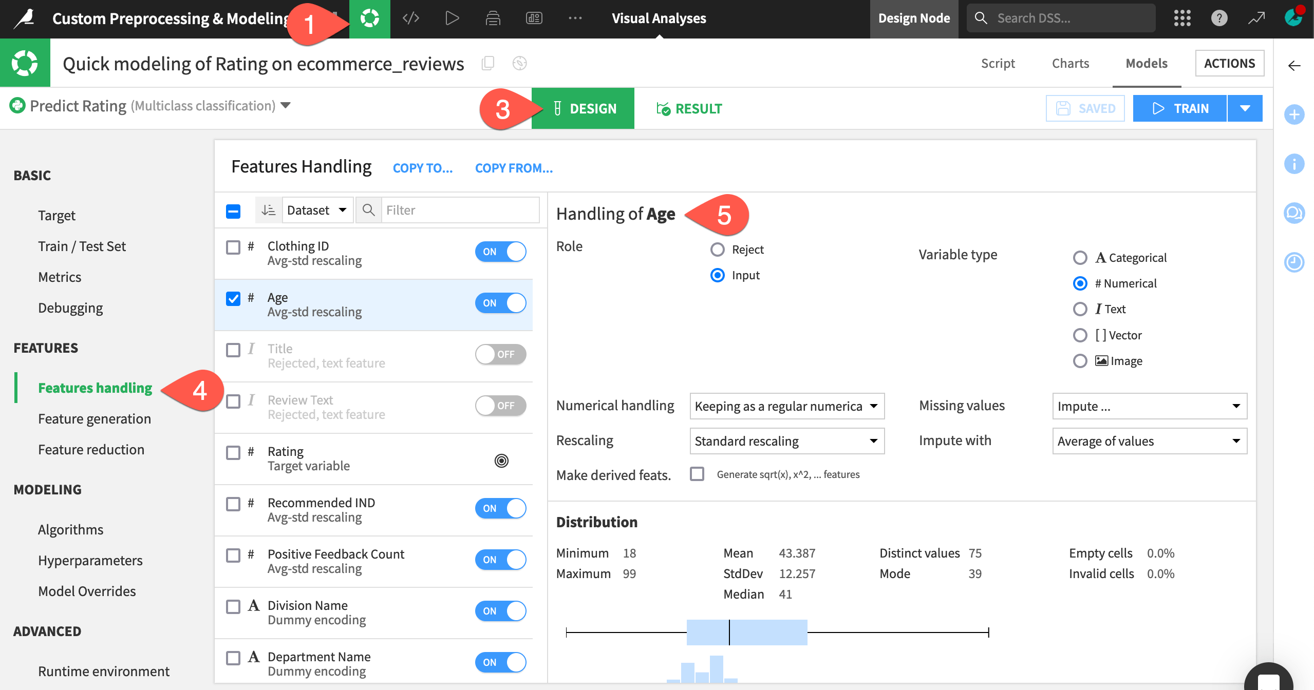 Dataiku screenshot of the Features Handling panel.