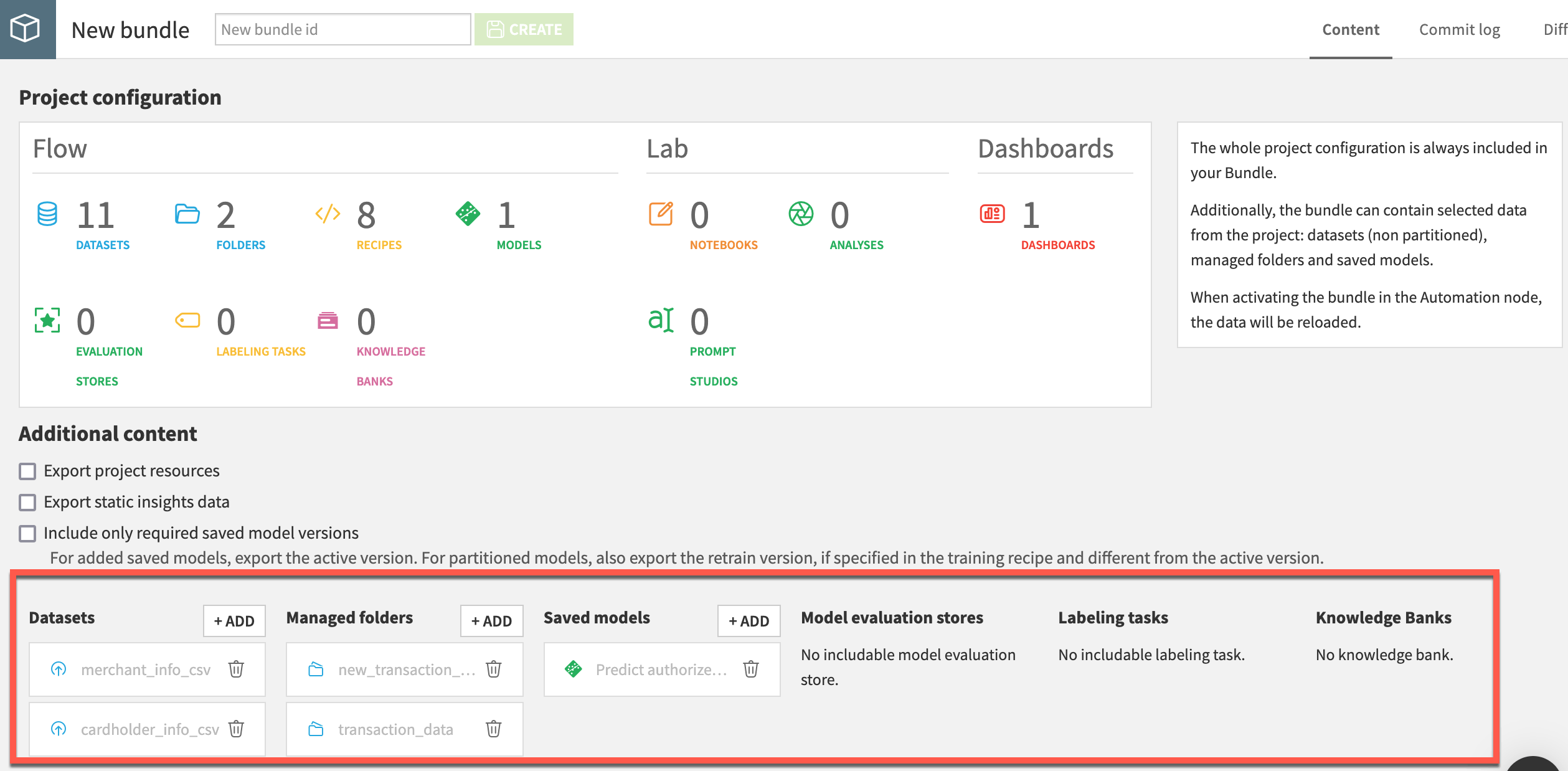 Dataiku screenshot showing the bundle configuration page.