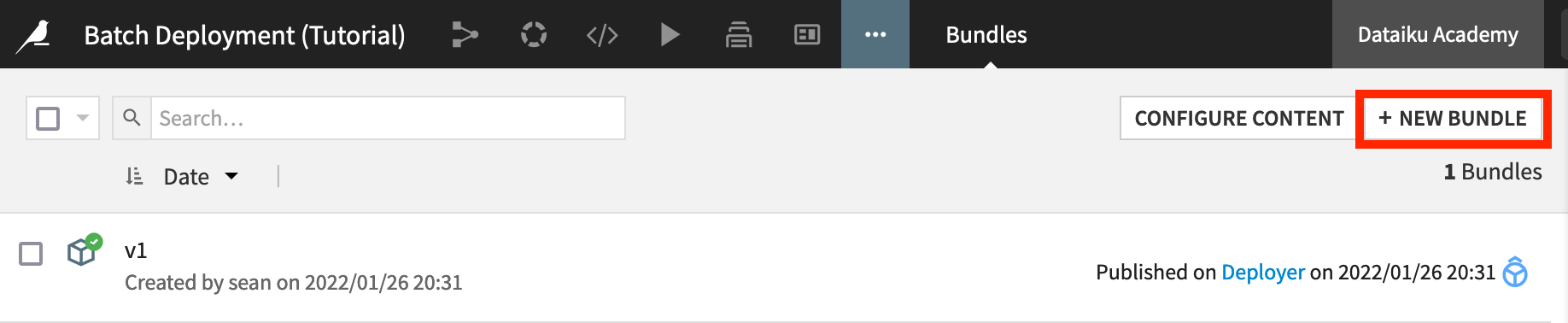 Dataiku screenshot of where to create a new bundle.