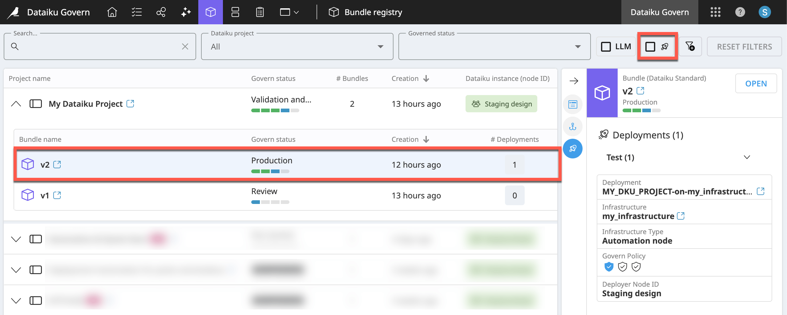 Dataiku screenshot of the Details panel of a bundle in the Bundle registry page.