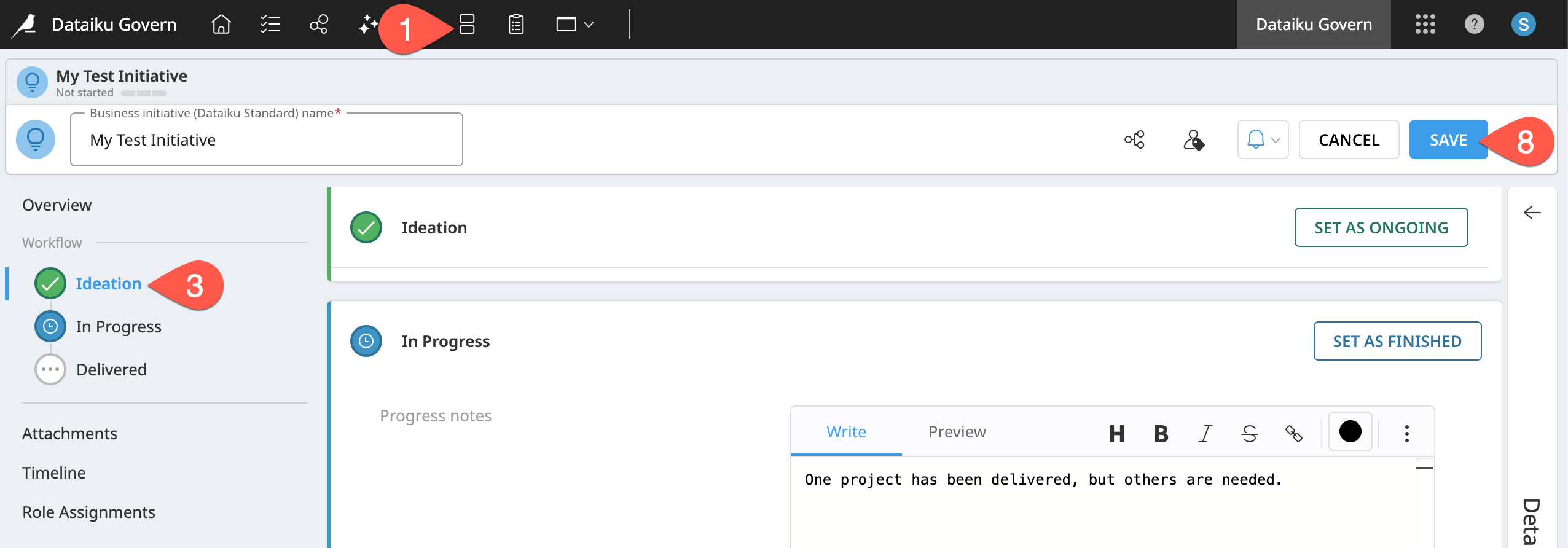 Dataiku screenshot of an in progress business initiative.