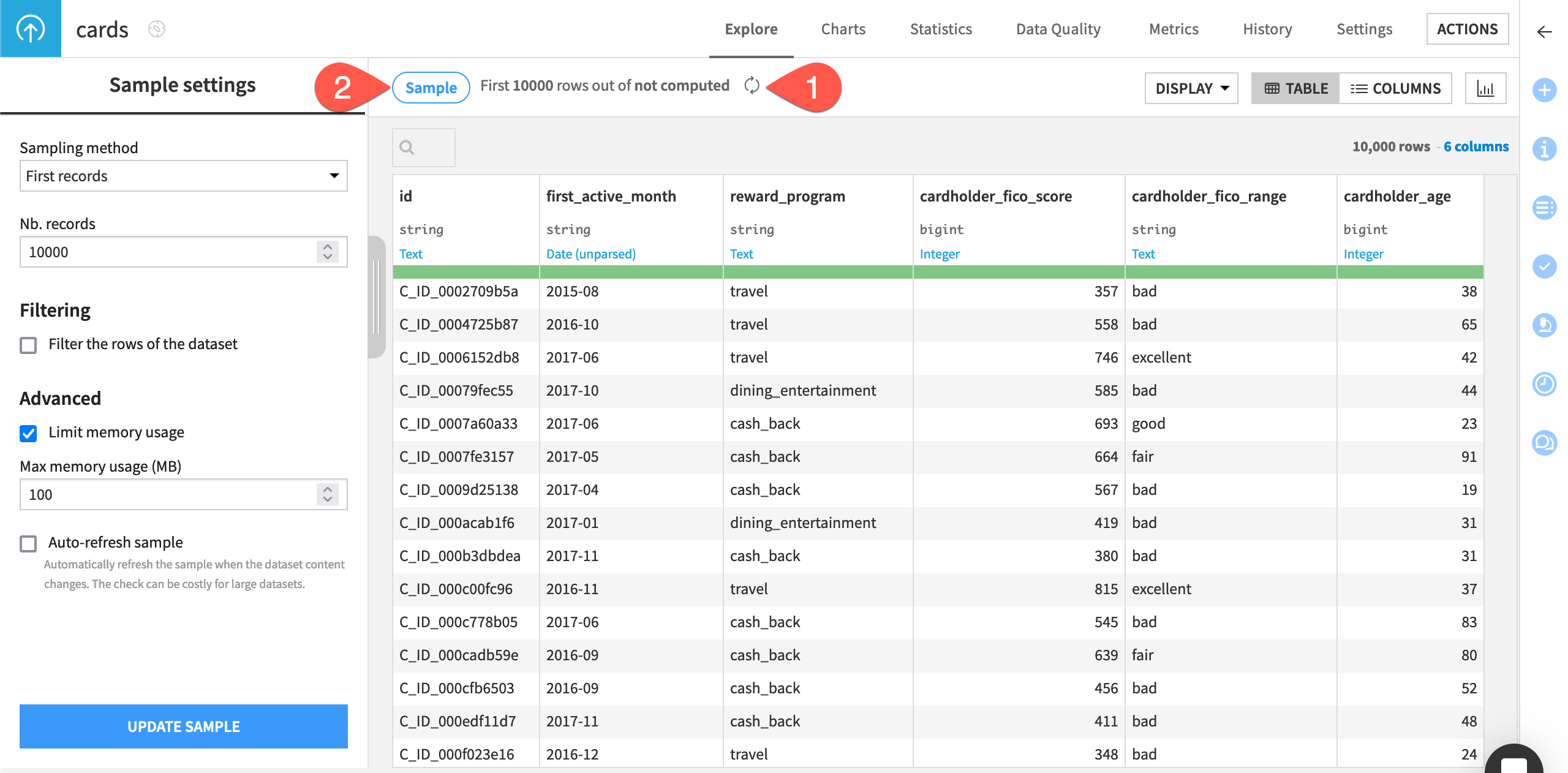 A Dataiku screenshot showing how to open the Sample settings panel of a dataset.