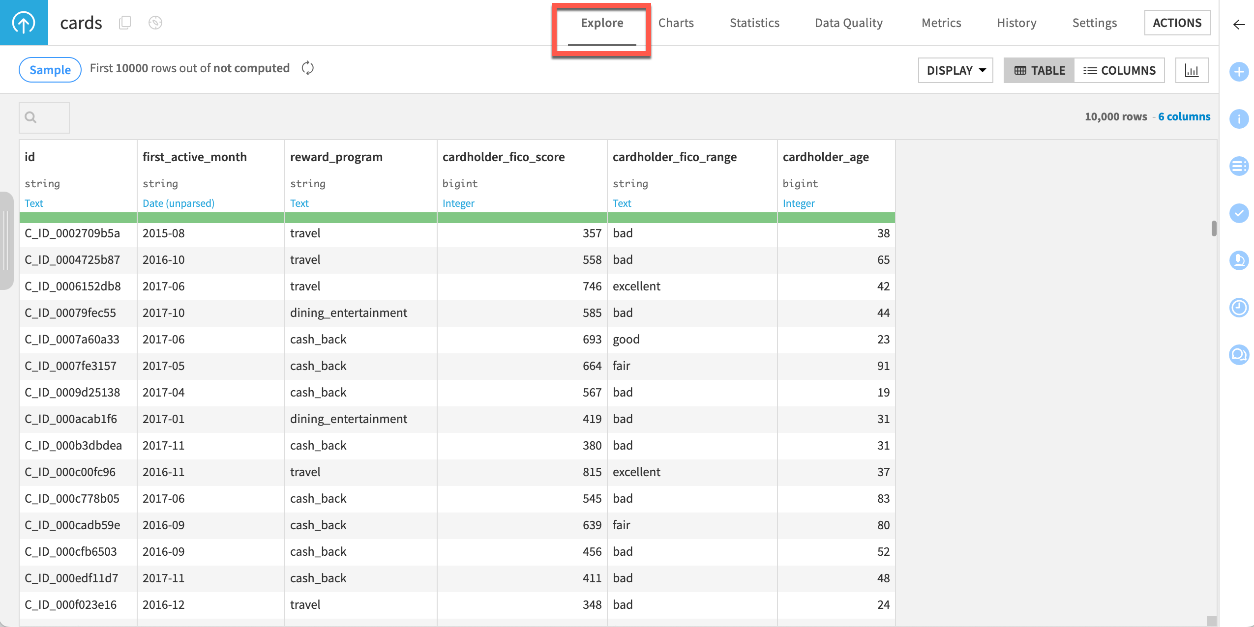 Dataiku screenshot of the Explore tab of a dataset.