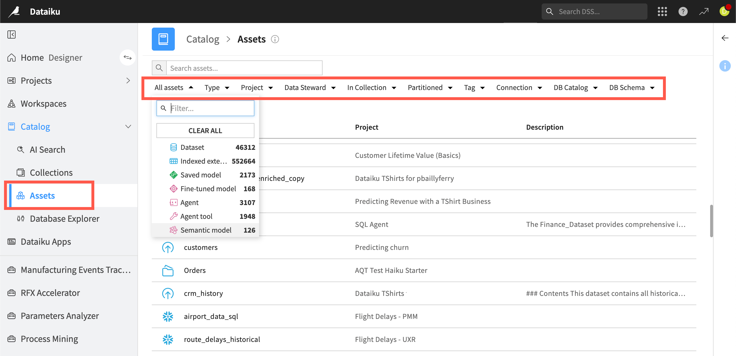 Screenshot of the assets search.